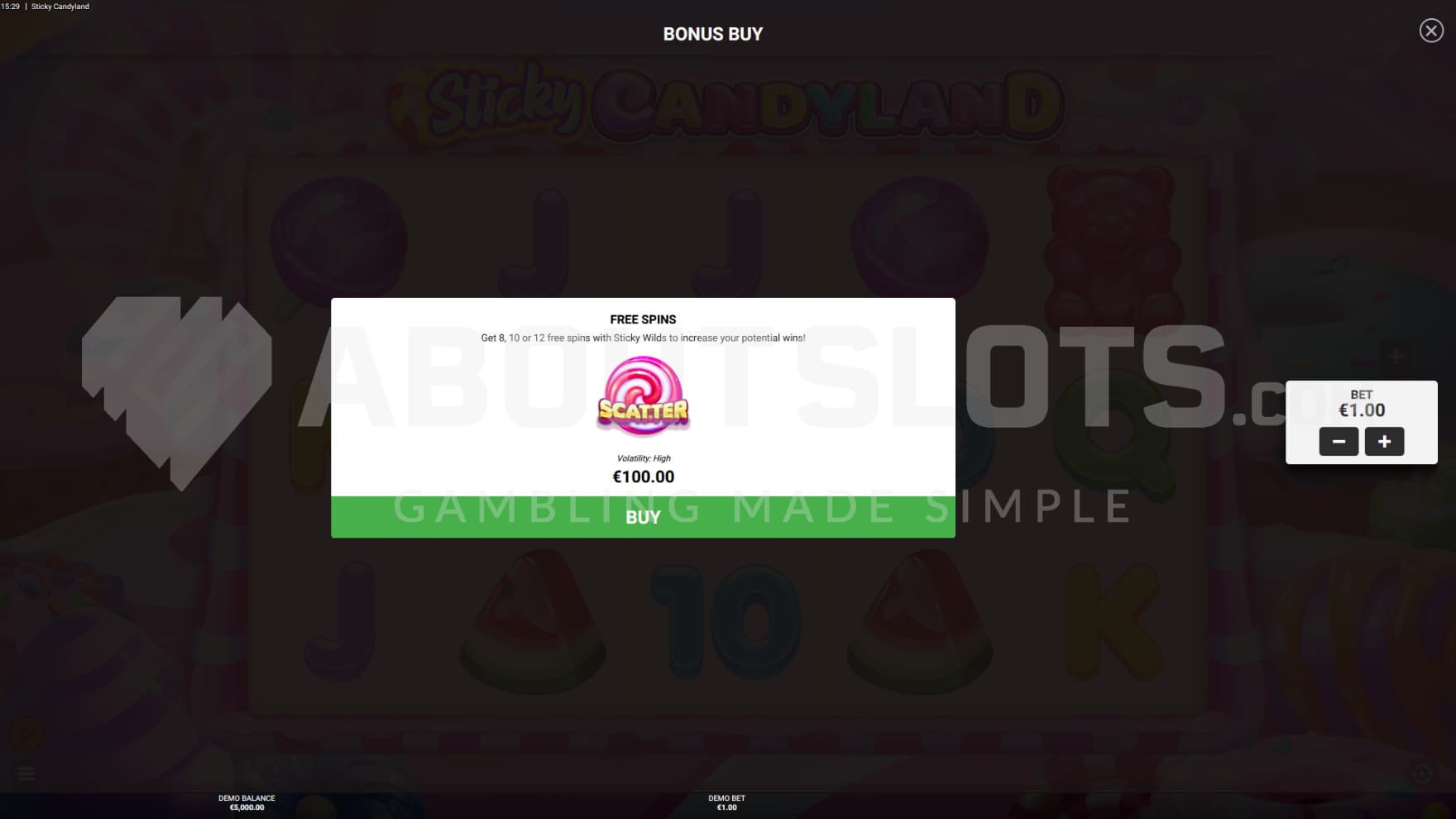 A feature buy option sits infront of the reels