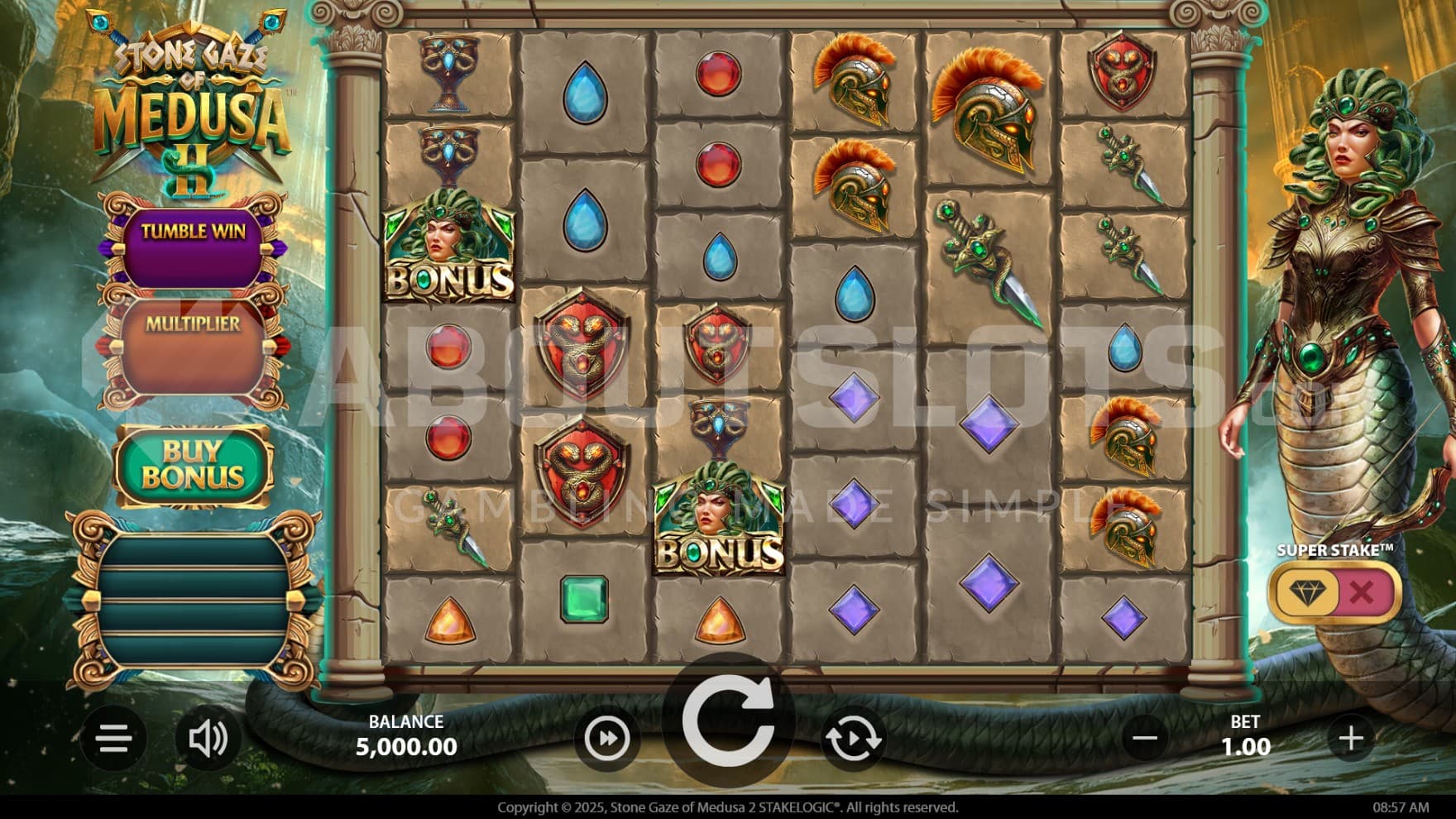 Medusa stands to the right of the reels, looking over the playing grid as you play