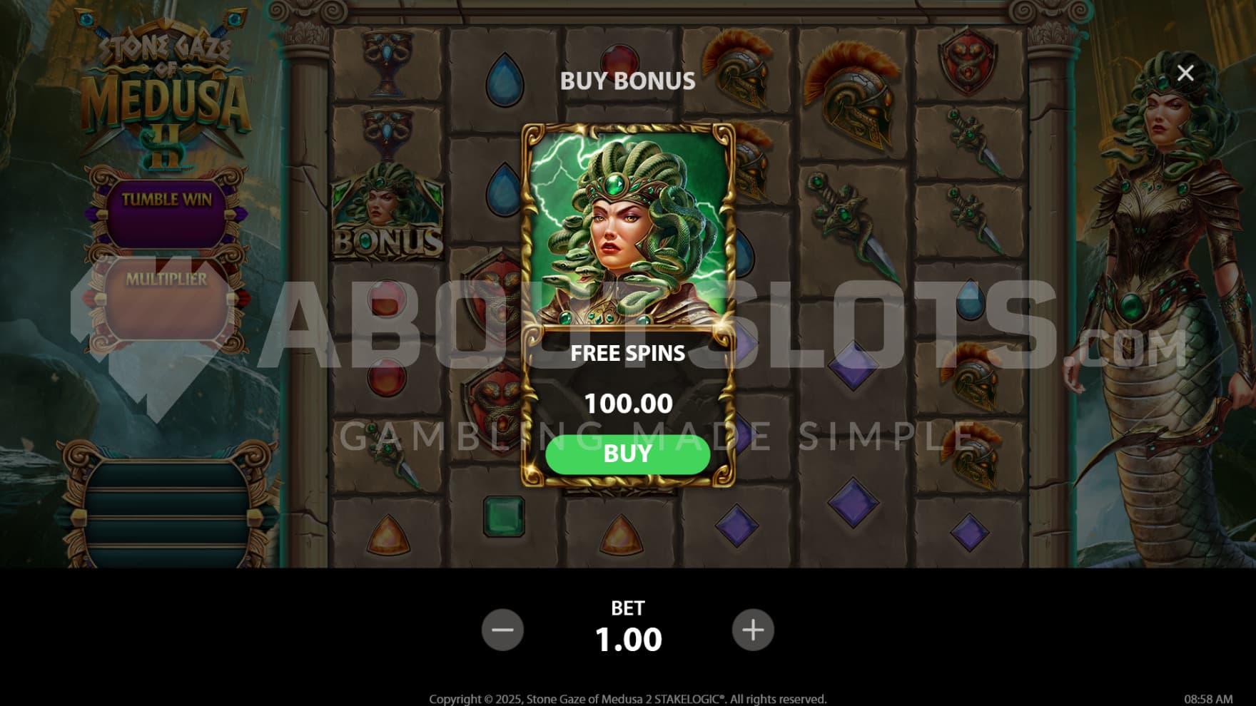 A feature Buy sign sits infront of the playing grid