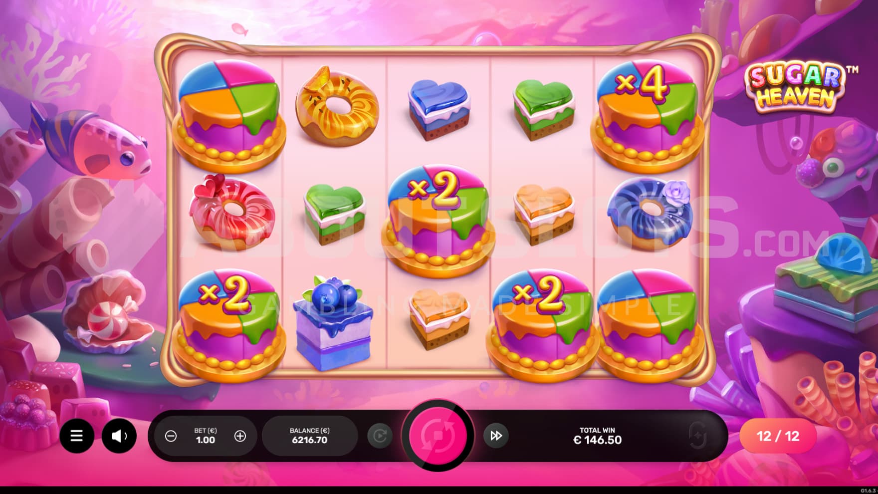The Free Spins feature with a bunch of Multiplier Wilds stickied on the reels