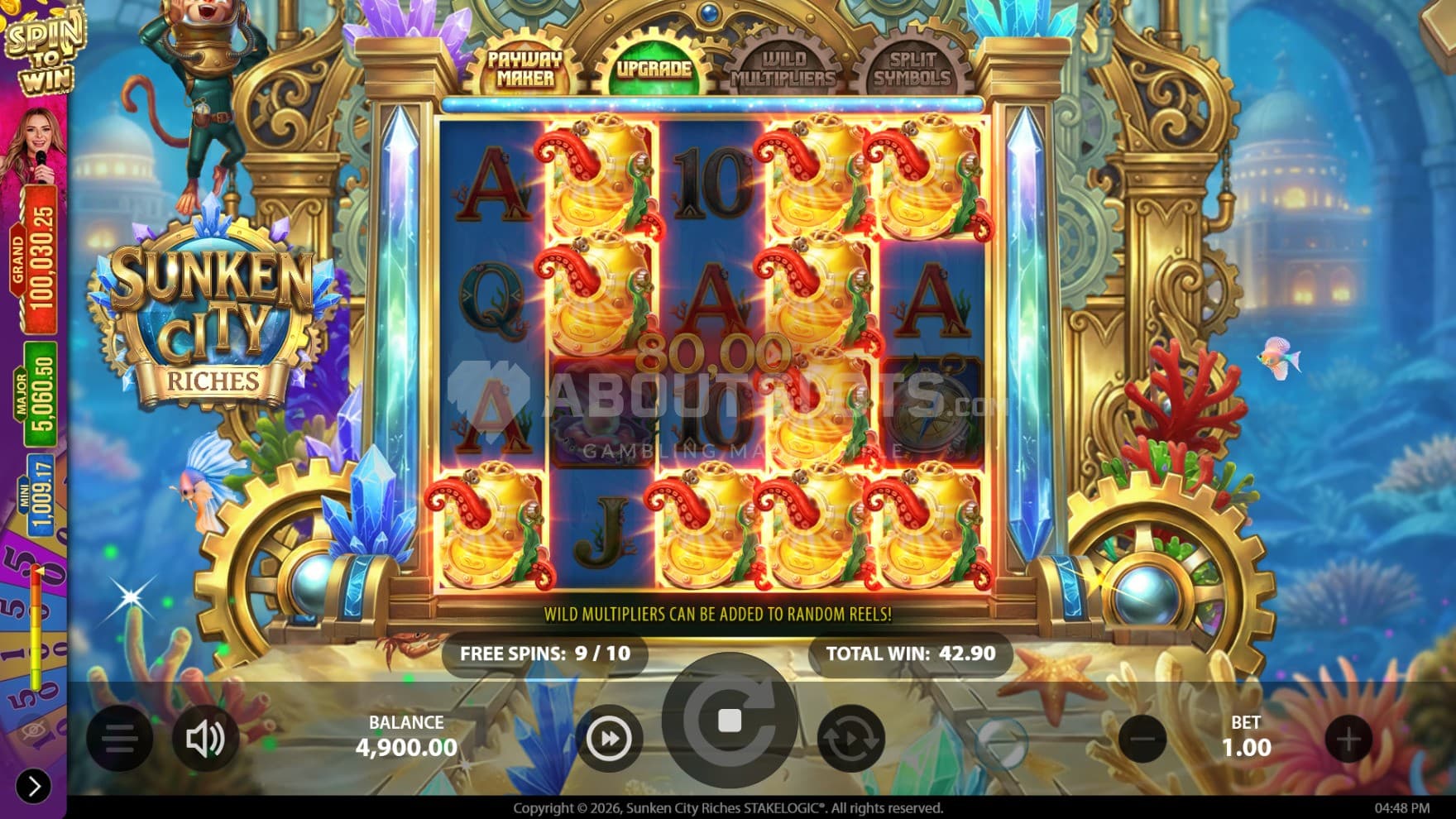 During the bonus game at least one Bonus Upgrade is active on each spin, pictured are two bonuses active at the same time