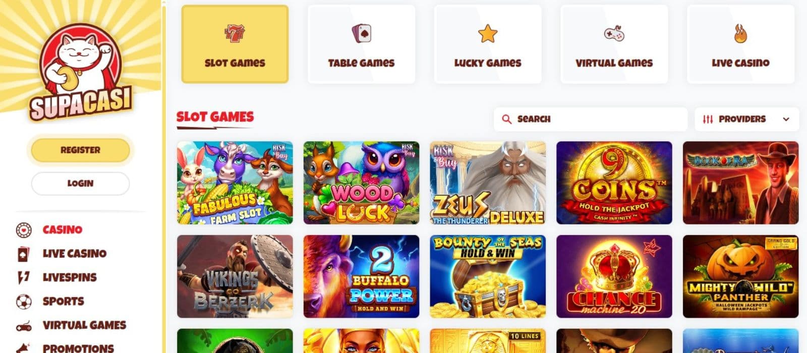 Supacasi Casino's slot games category, showing exciting titles like Vikings Go Berserk and other impressive games.