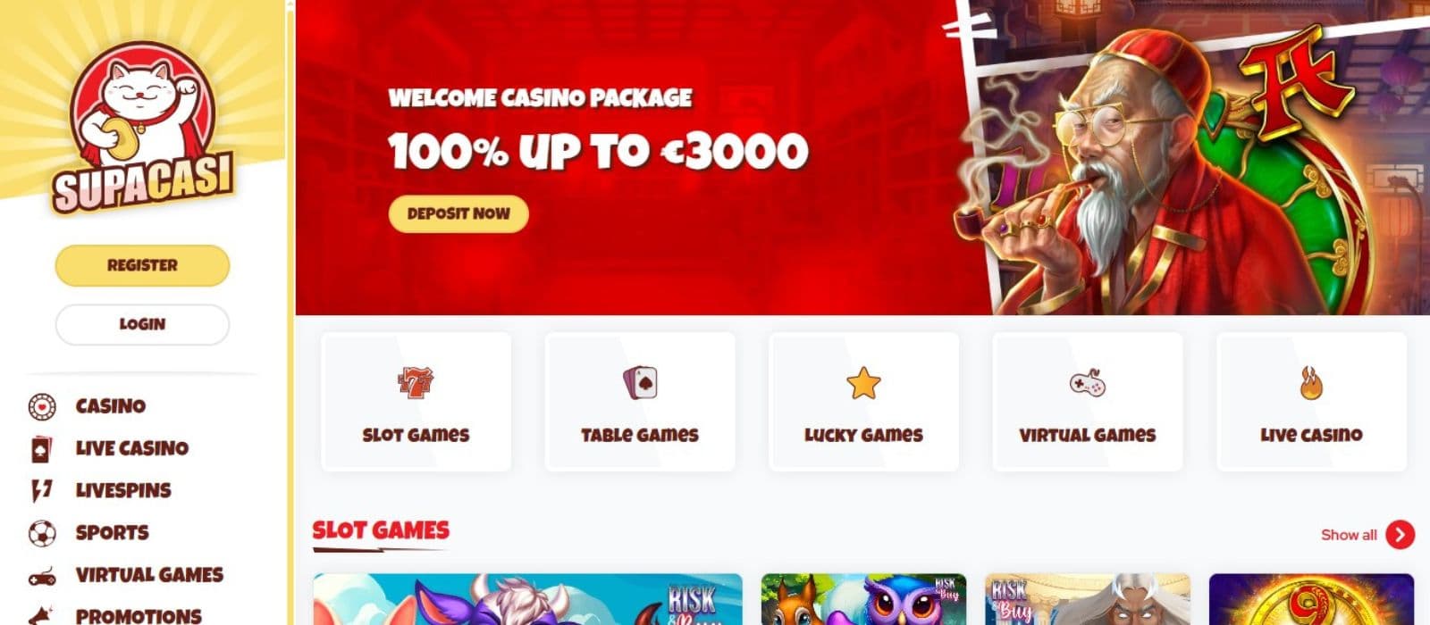 Supacasi Casino's homepage, showing the welcome package banner with a sidebar and horizontal menus.