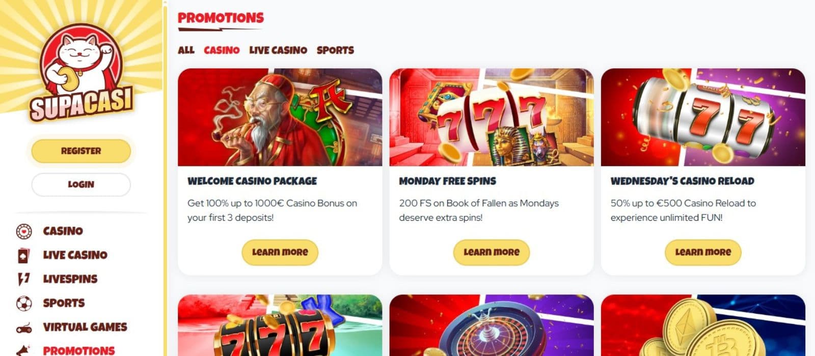 Supacasi Casino's promotions page, showing the welcome bonus and other weekly promotions.