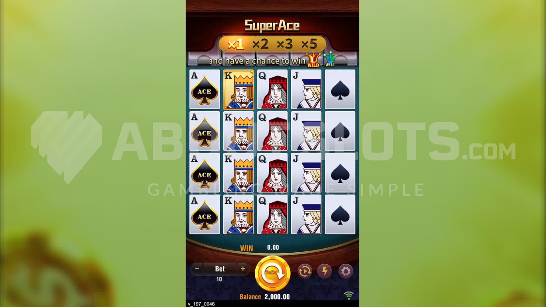 The reels are set on a poker table with the top of the playing grid being card shufflers where the symbols come from