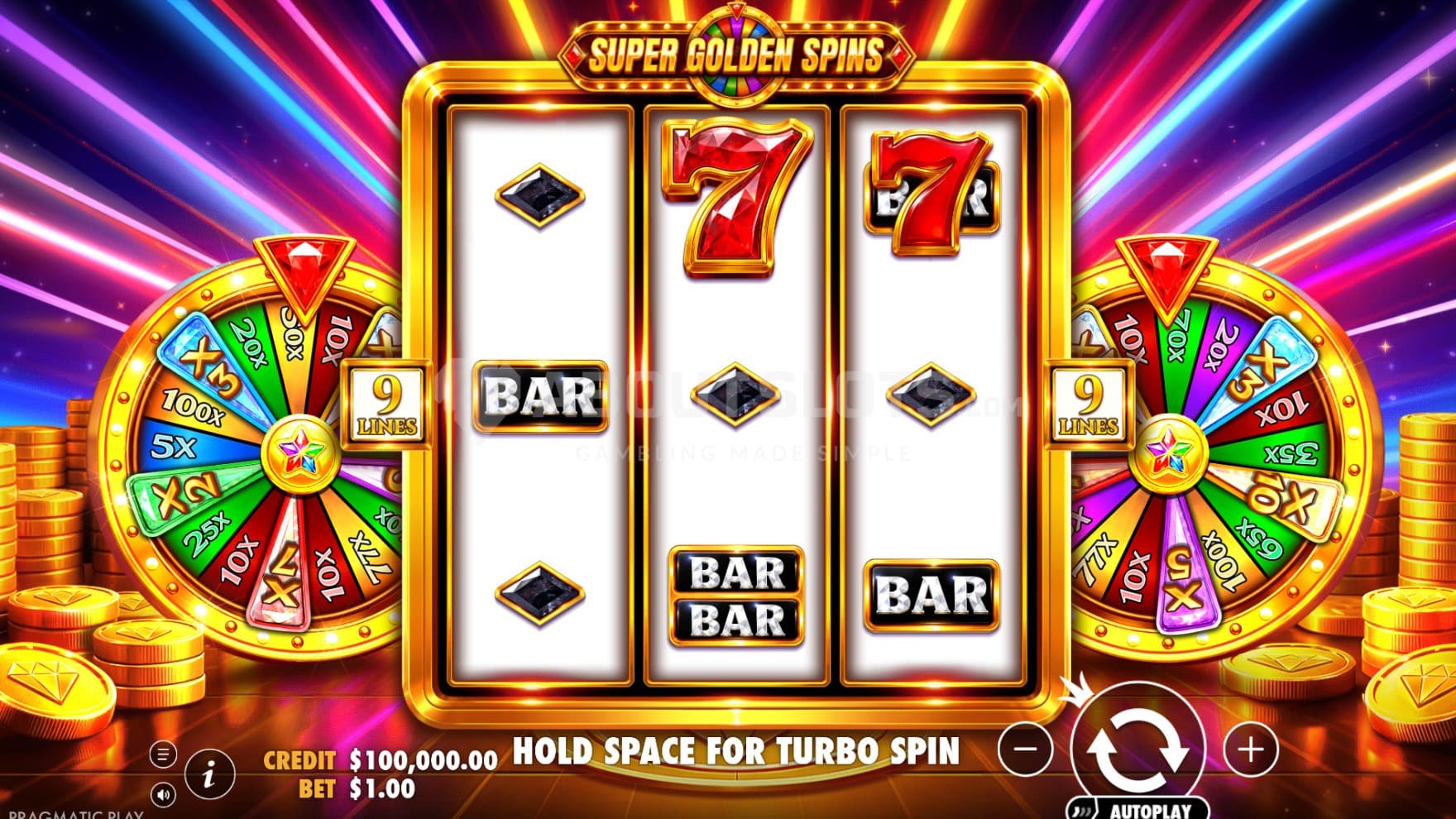 A golden playing with two bonus wheels in the background is about the only theme we have in Super Golden Spins