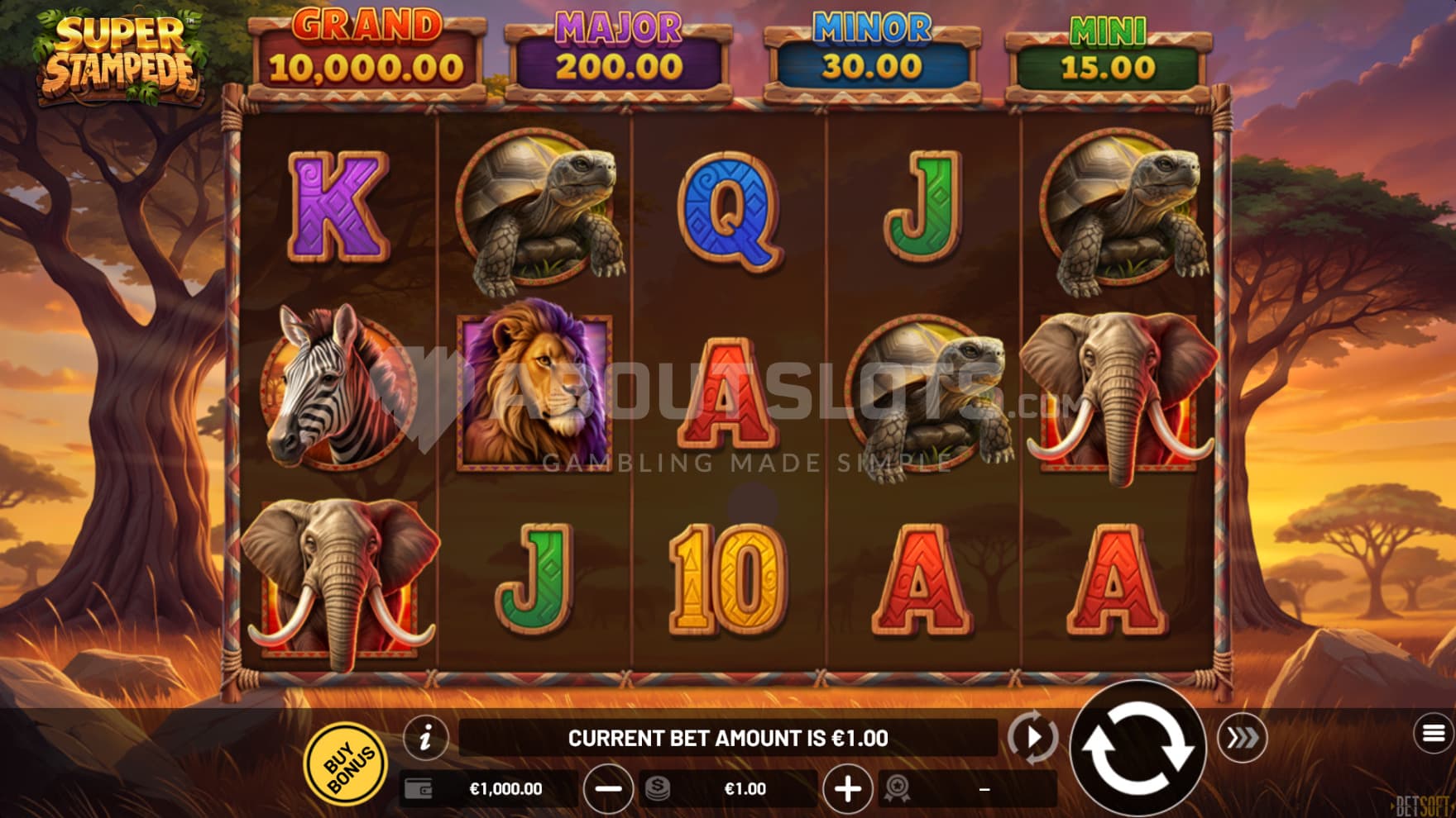The playing grid is set on a savanna, with the reels fill with various animals