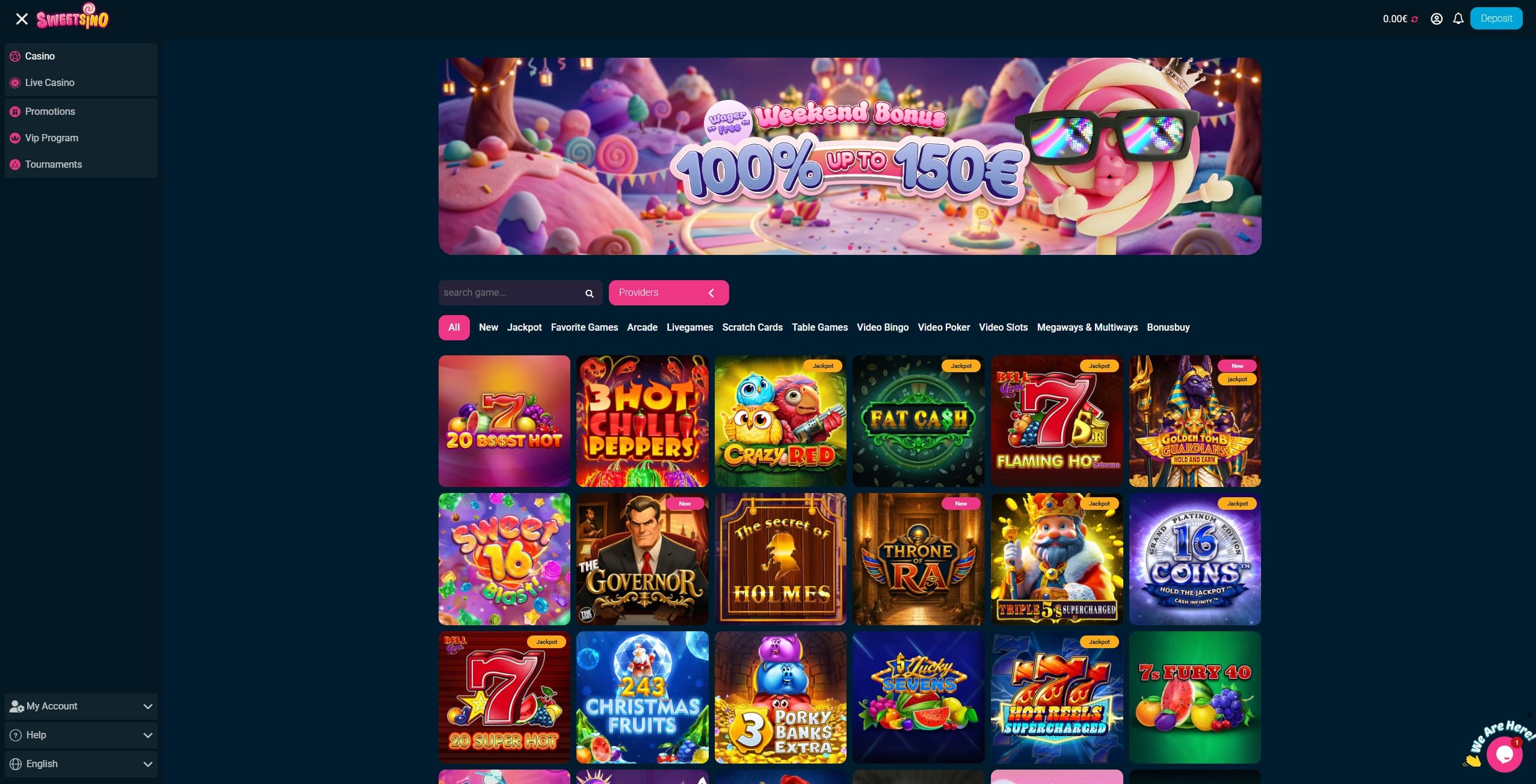 Sweetsino Games Page showing a selection of slot games