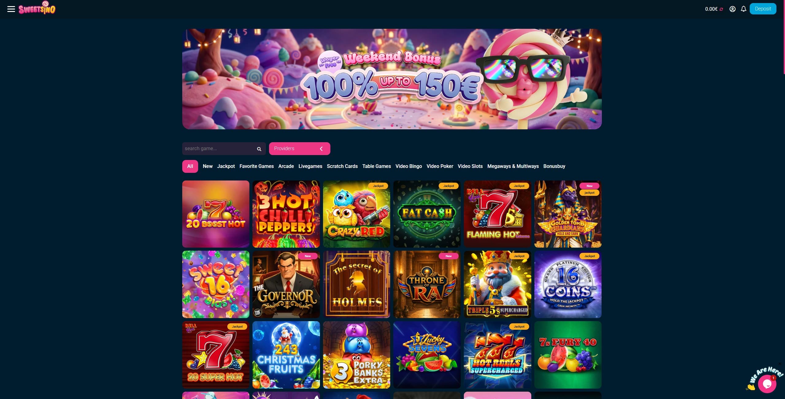 Sweetsino Landing Page showing the welcome bonus and a selection of slots