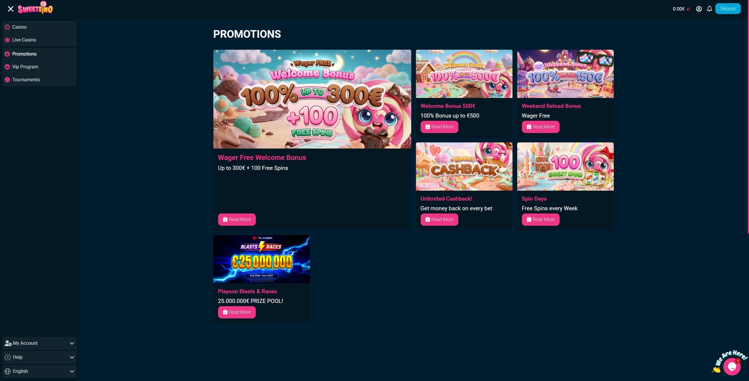 Sweetsino Promotions Page showing the available bonus offers