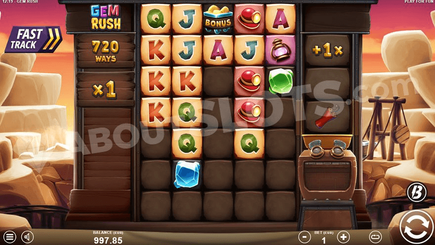 Grid of Gem Rush slot with spinning reels and a deserted background