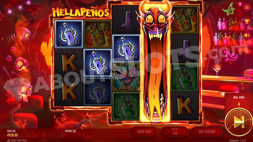 An expanding devil symbol on the fourth reel in the free spins.