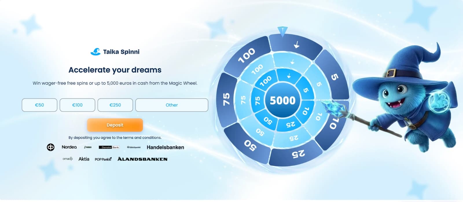 Taika Spinni bonus page displaying spinning wheel welcome offers, free spins promotions, cashback rewards, and player campaigns in a bright and playful interface.