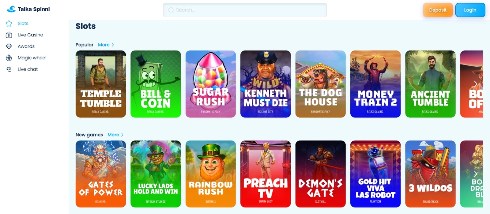 Taika Spinni game page showcasing online slots, live casino games, and featured titles with colorful thumbnails, category filters, and a clean modern layout.