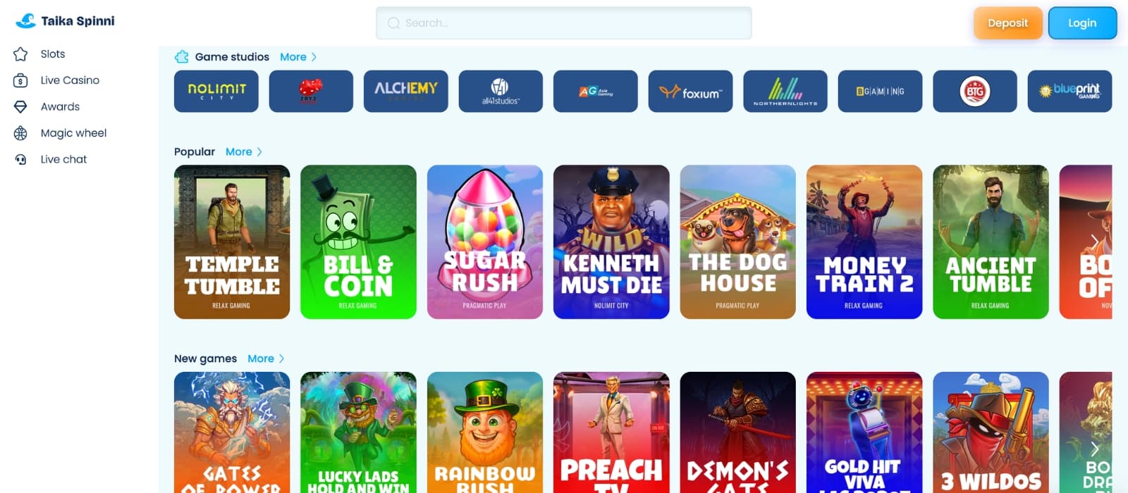 Taika Spinni homepage featuring a playful Finnish casino design with colorful promotional banners, featured slot games, spinning wheel bonus elements, and navigation for casino categories.