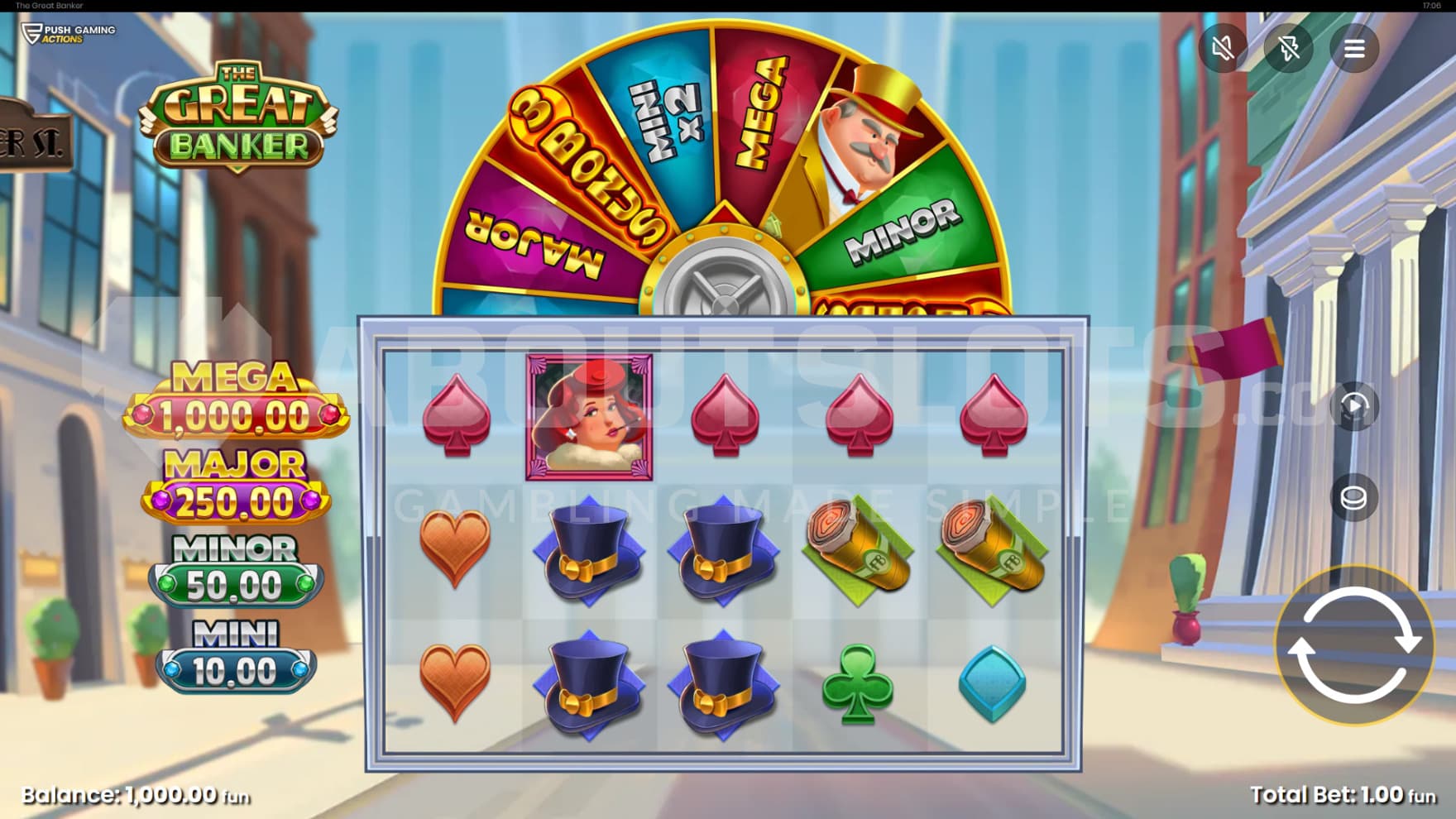 The game is set out on the street outside of a bank, with a huge bonus wheel sitting above the playing grid