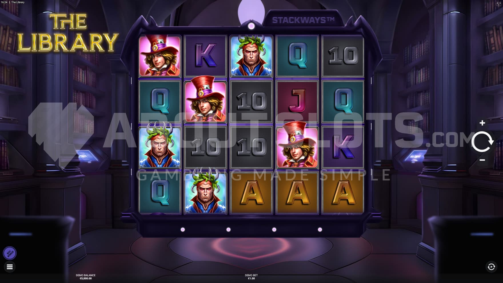 The base game playing grid set in the dark hallways of the library