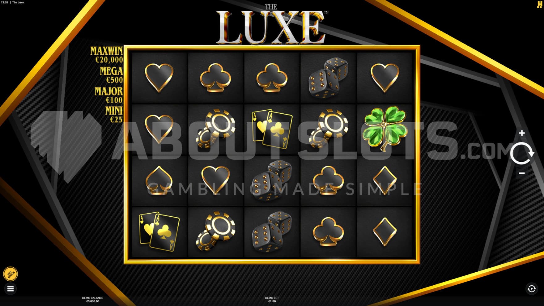 The game is covered in a black and gold color scheme, with the jackpot awards sitting to the side of the reels