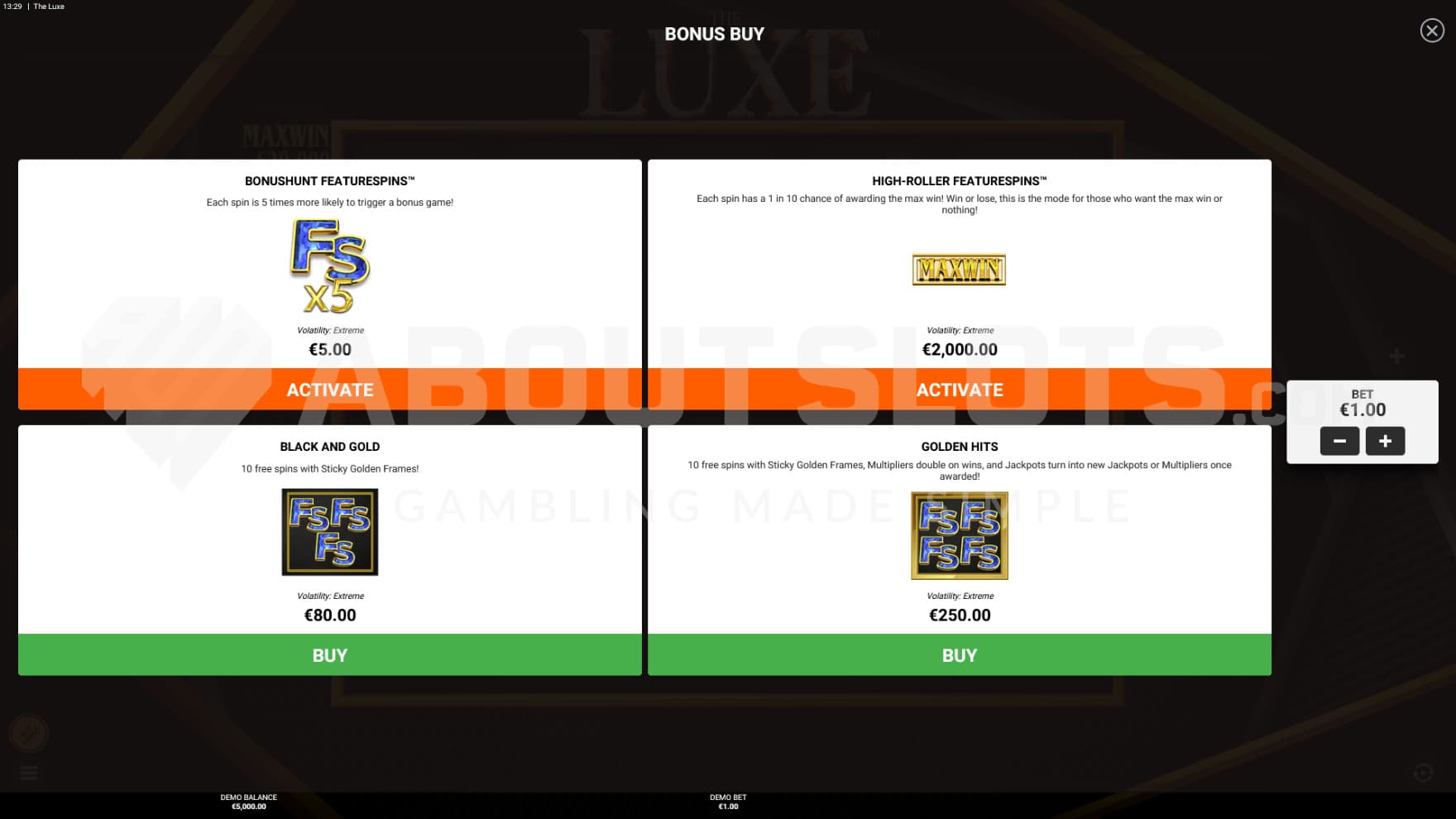 4 Feature Buy options sit infront of the reels
