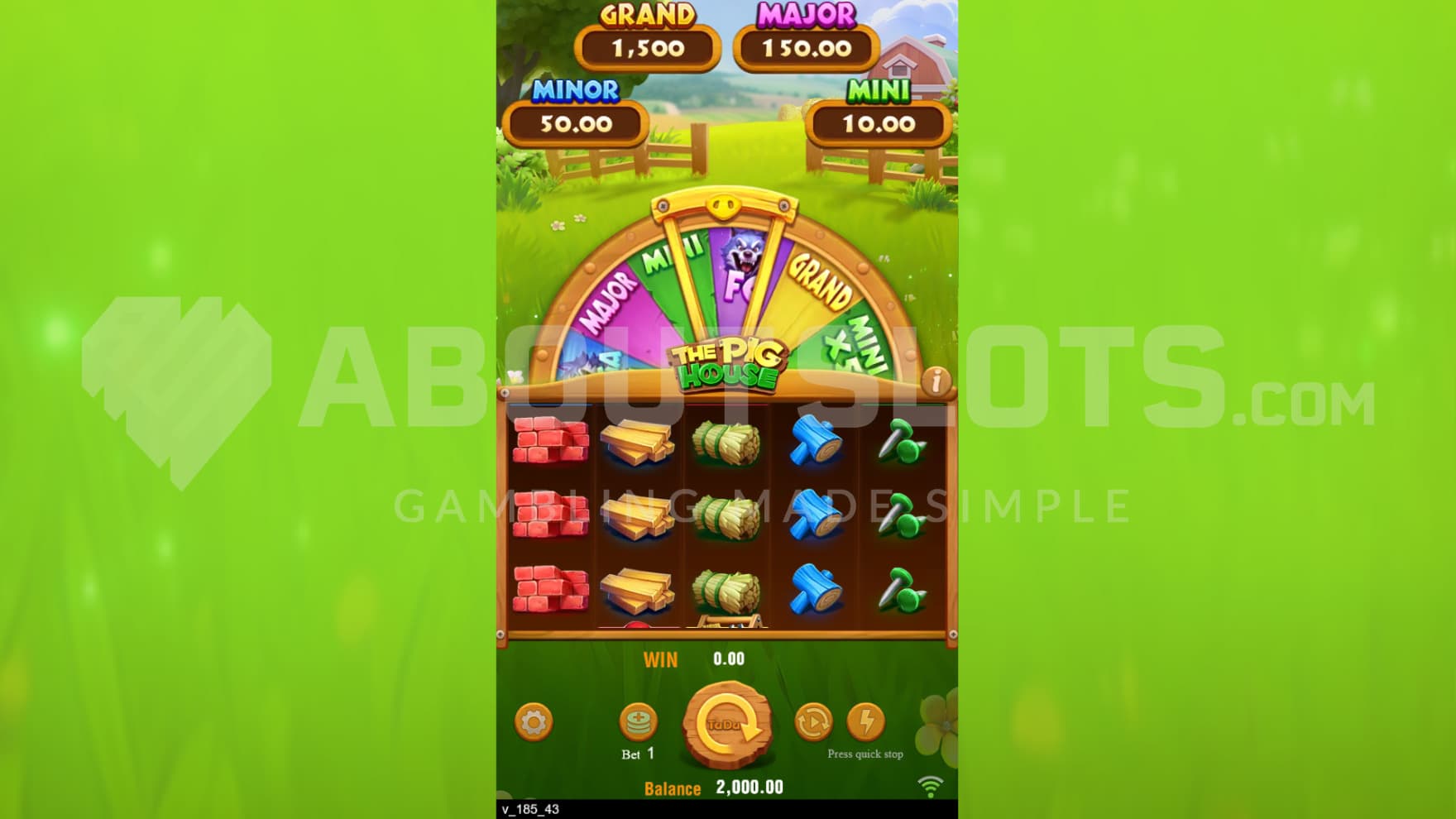 The playing grid and the Lucky Wheel are set on a small farm with a barn in the background