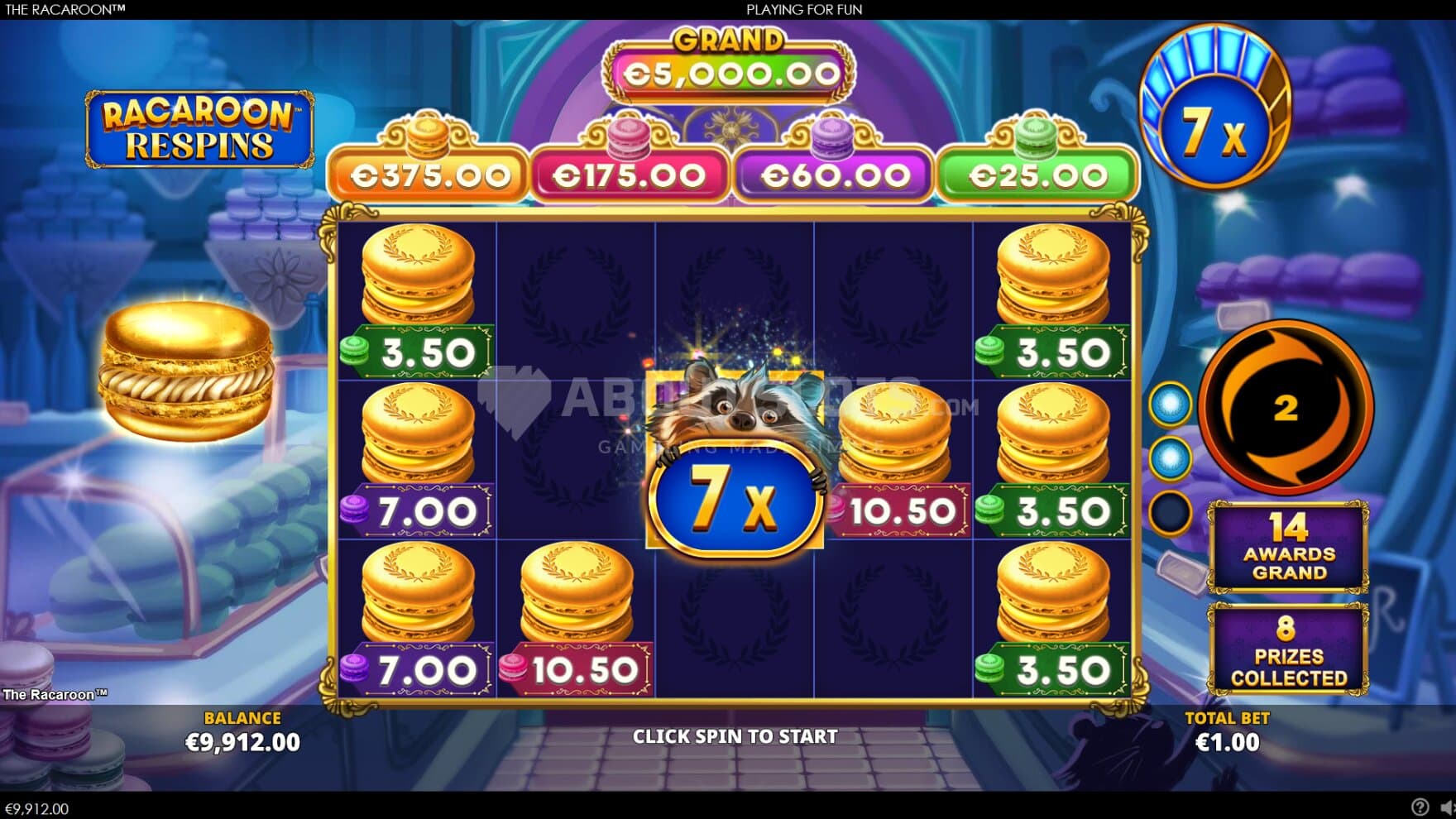 Pictured is the Raccoon with a 7X Multiplier stickied in the middle of the playing grid, surrounded by Cash Prizes