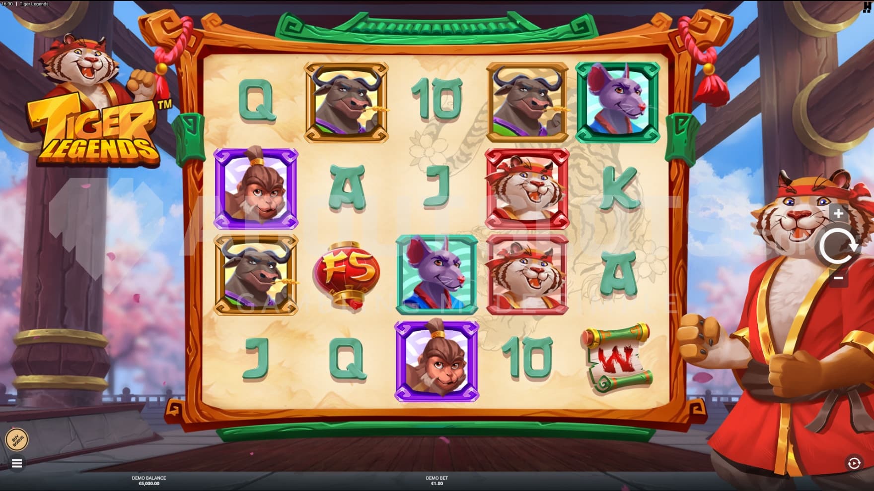 Fang the Tiger stands next to the reels as you play