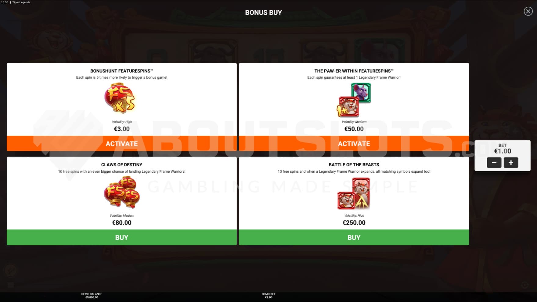 4 different options pop up in the Feature Buy