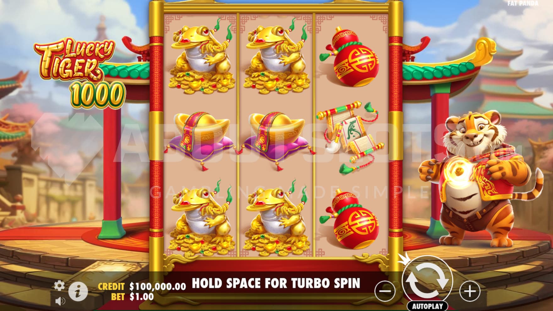 The Lucky Tiger stands to the right of the reels with multipliers in his hands