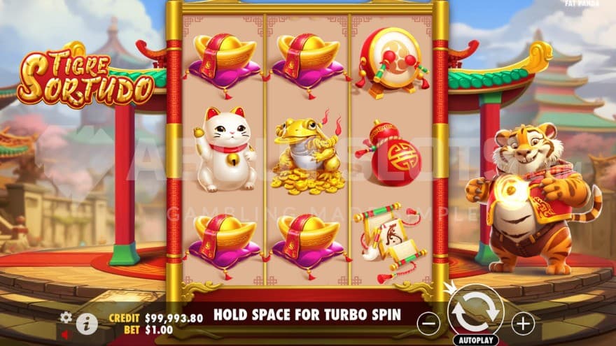 A lucky tiger man stands next to the reels filled with lucky symbols