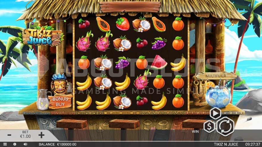 The playing grid is set at a tiki bar at the beach