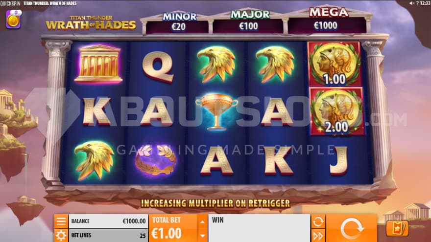 The playing gird surrounded by marble pillars and floating islands in the background