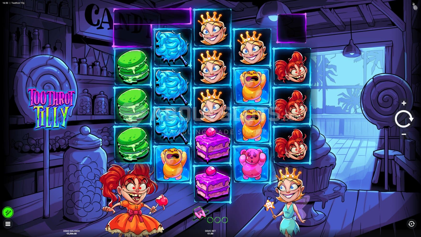 Tilly and the Tooth Fairy sits next to the playing grid, ready to trigger various bonuses