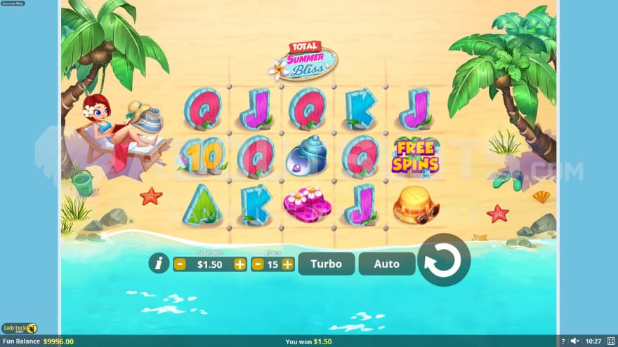 The game is set on the beach with a woman sunbathing in a chair next to the reels