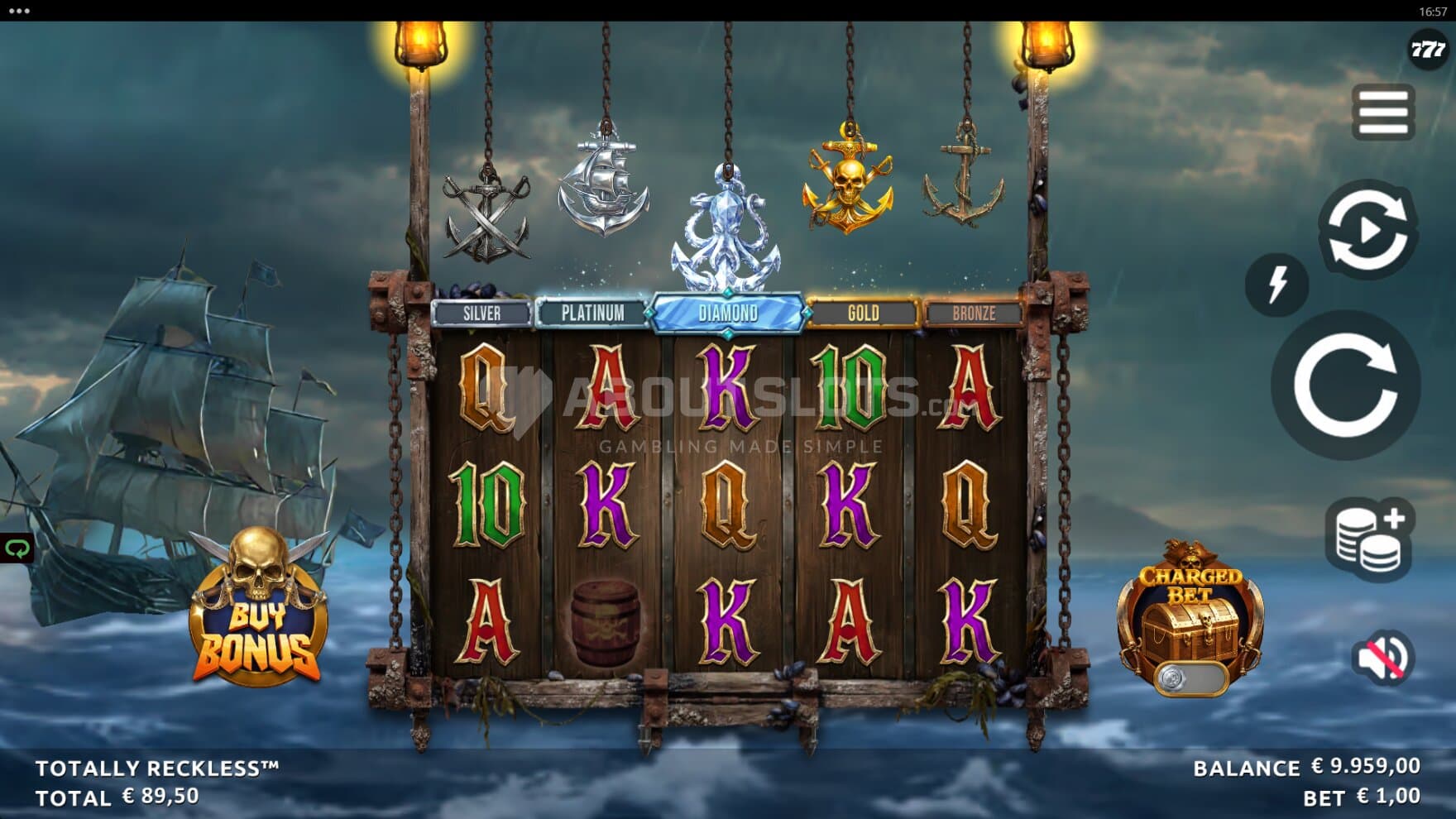 The pirate ship in the background fires away at the playing grid as you spin the reels