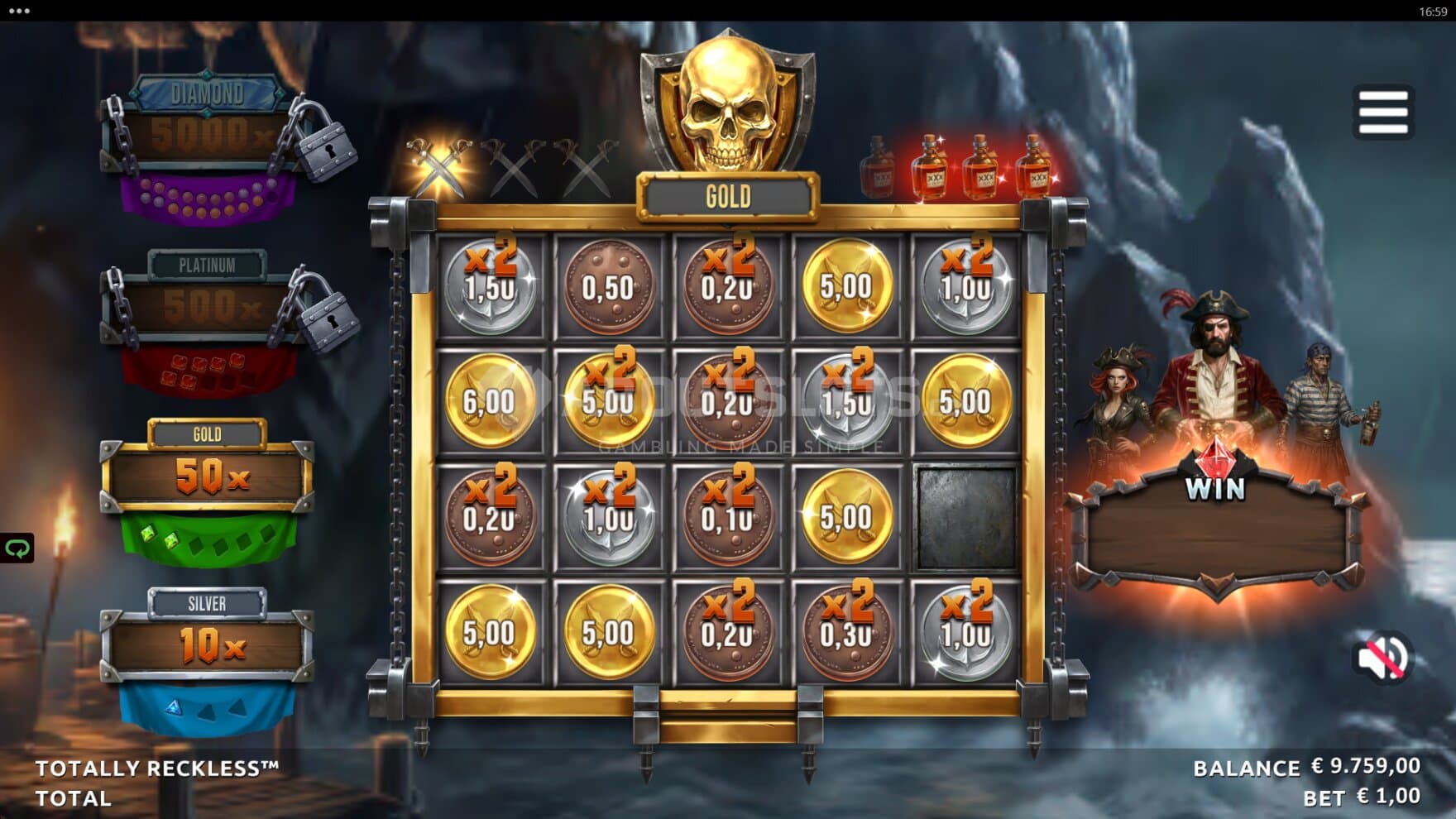 Landfall Bonus comes in multiple stages, pictured being the Gold level, with multiple coins with Multipliers on the reels