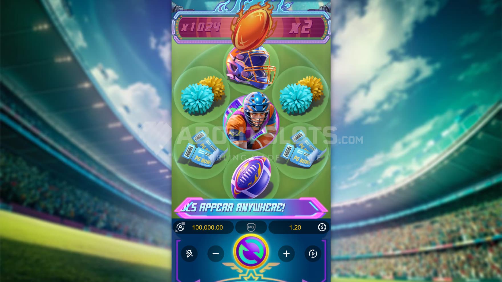 Various football items and players are depicted as the various symbols in the playing grid