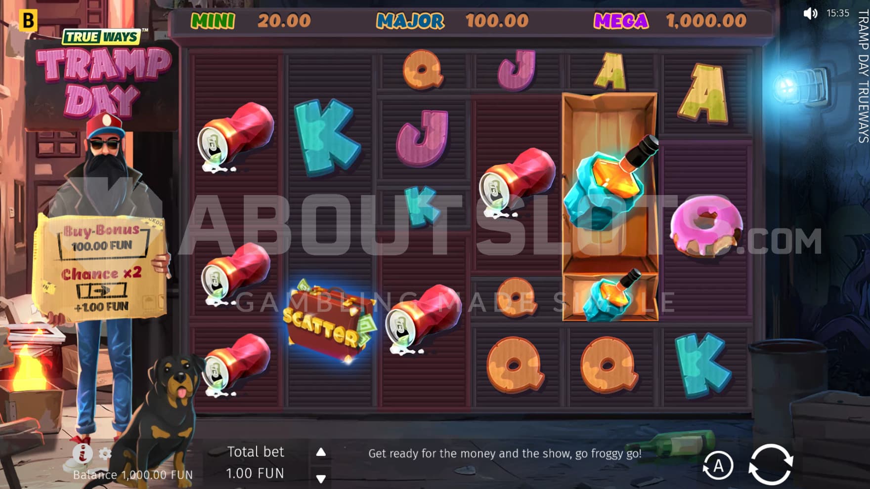 The homeless man and his dog stands next to the reels