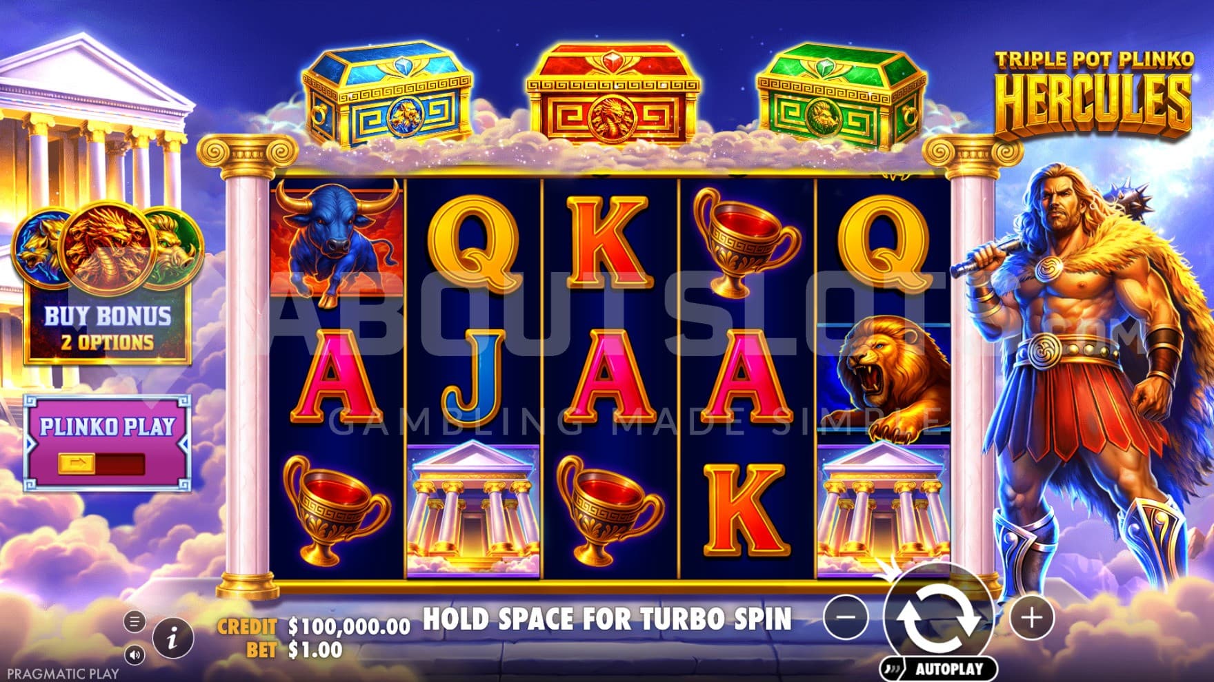 Hercules stands next to the playing grid, with the Scatter Symbols and 3 Pot bonuses being symbols of his 12 challenges