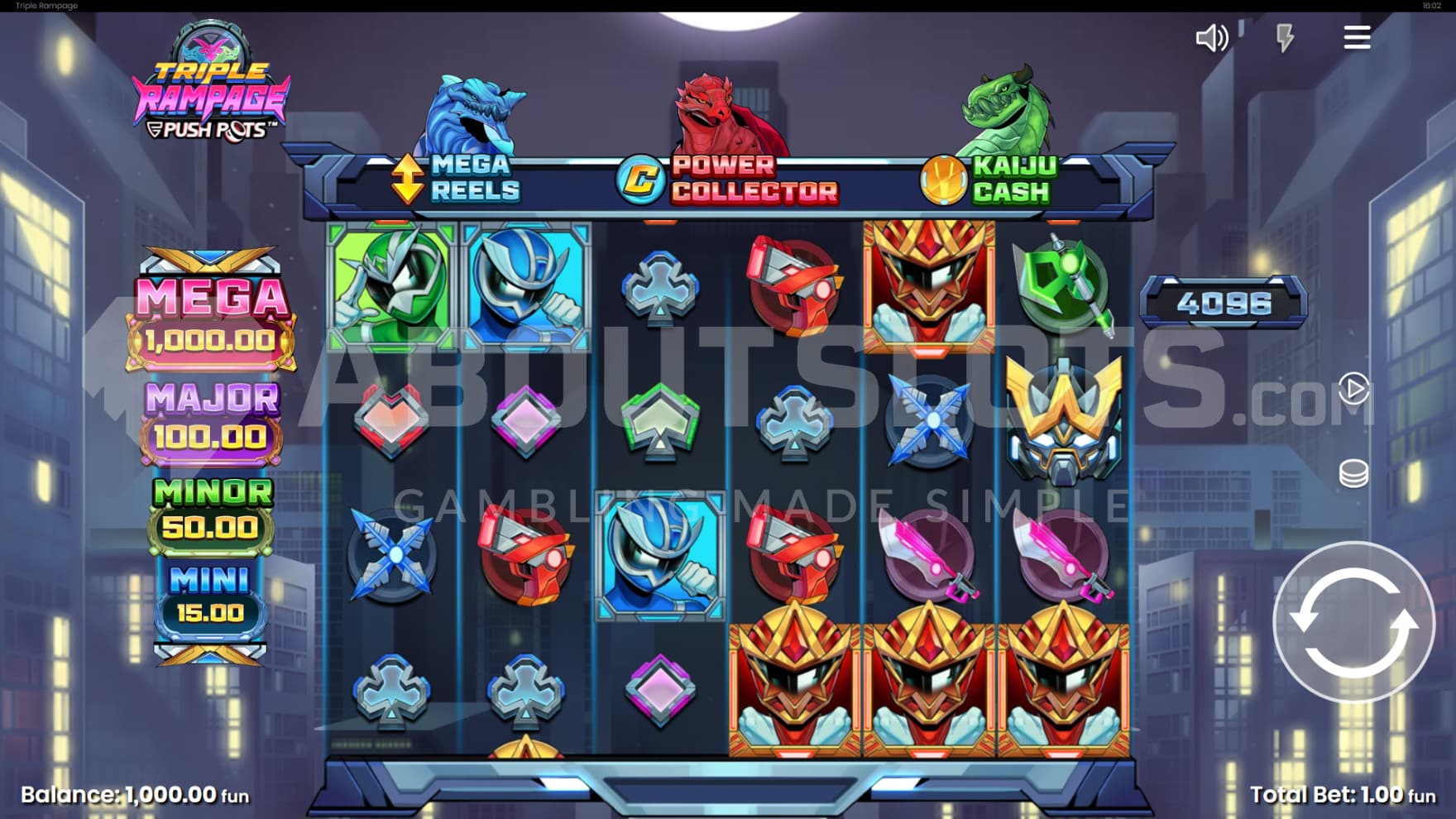 The game has monsters above the reels and super heroes on the grids