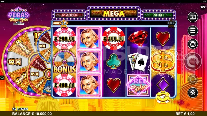 A brightly lit Las Vegas sits in the background of the playing grid