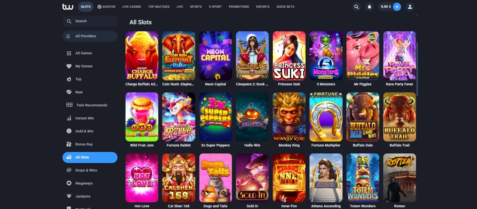 The games page of Twin Casino displays the most well-know video slot titles, such as Charge Buffalo, Princess Suki, and more.