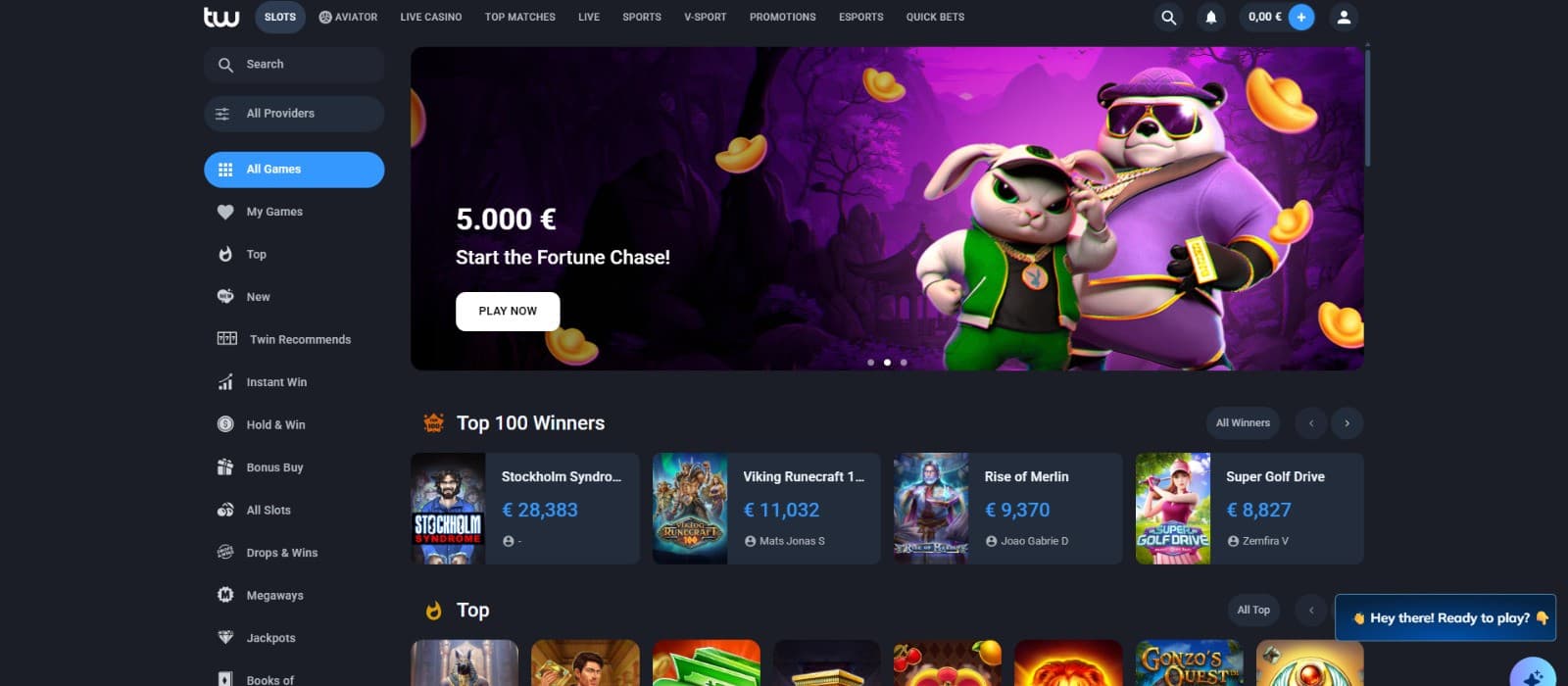 The landing page of Twin Casino presents the tournament, top 100 winners, and more.