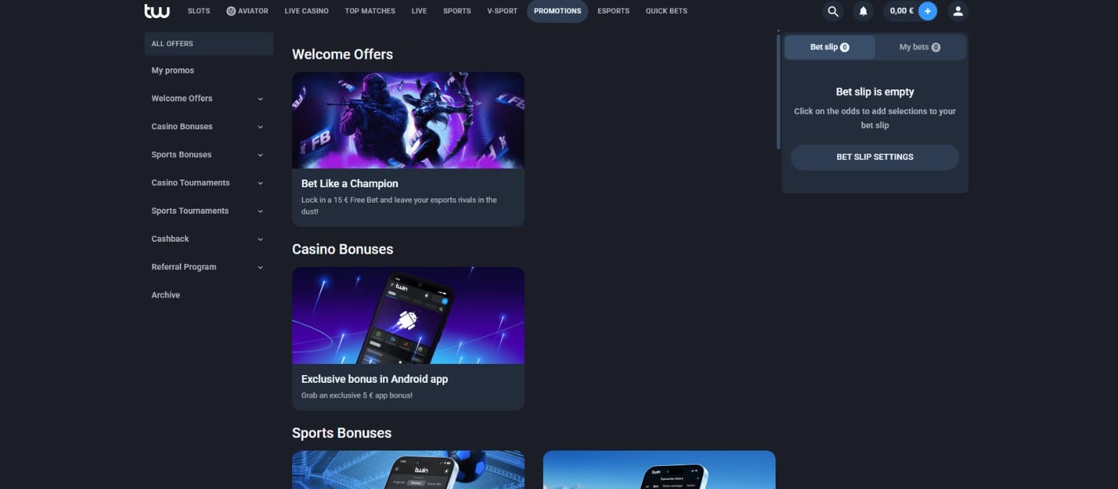 The promotions page of Twin Casino showcases the casino bonuses, such as the welcome offers and sport bonuses.