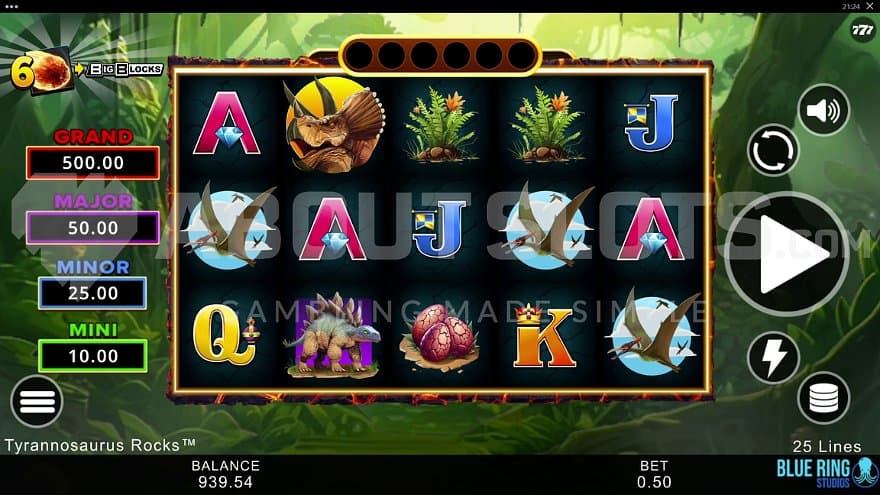 A casino slot with dinosaurs and other prehistoric symbols.