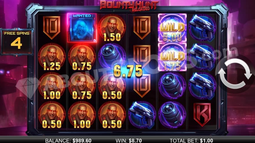 Free Spins bonus game with two wild symbols on the reels.