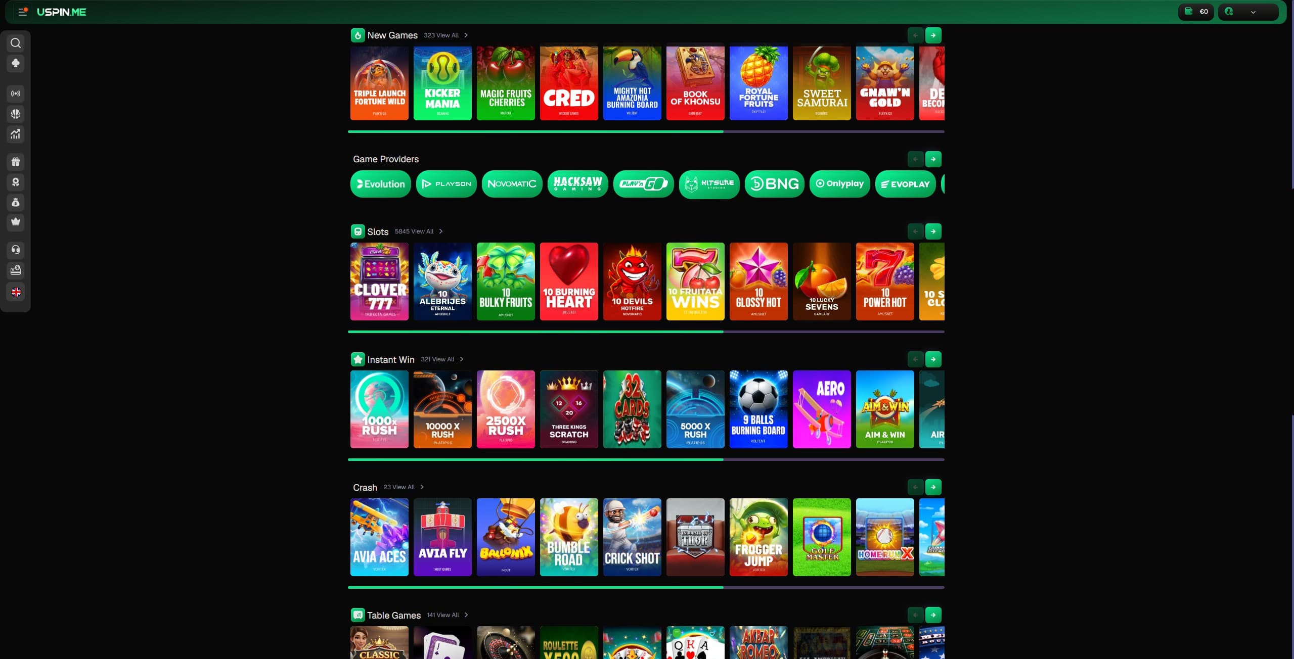 USPIN.me games page showing a selection of slots and providers