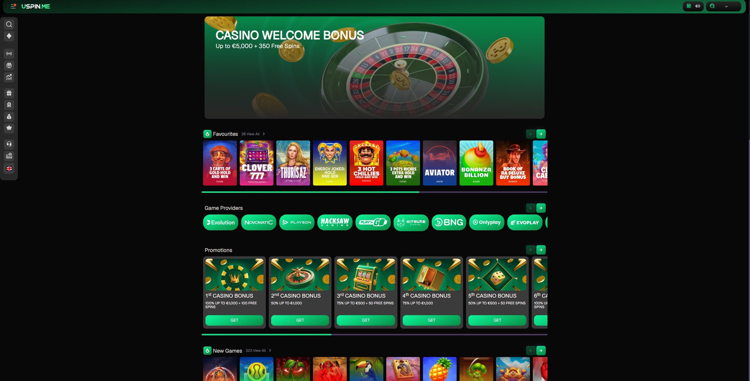 USPIN.me landing page showing a selection of promotions and games