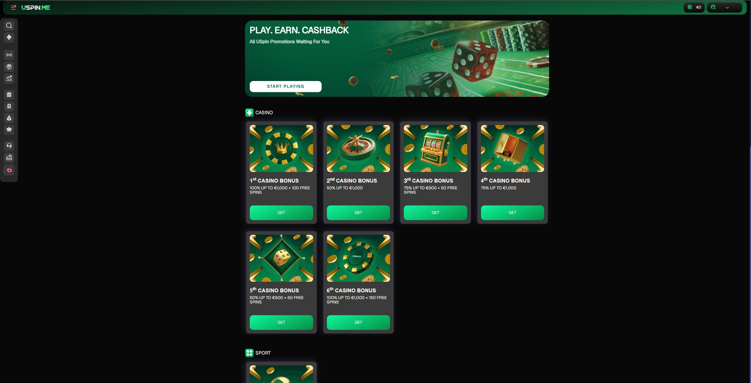 USPIN.me promotions page showing the available bonuses and promotions
