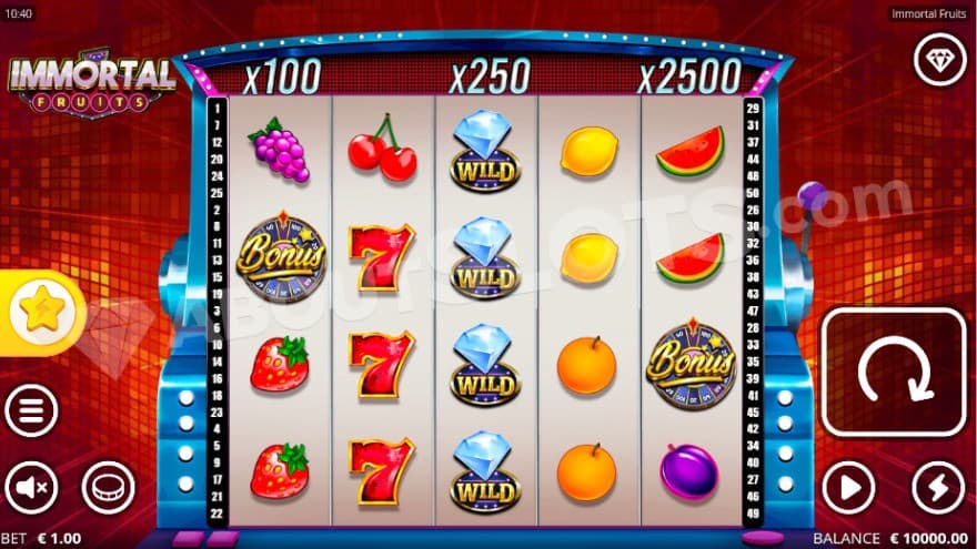 Base game with fruit symbols on the reels.