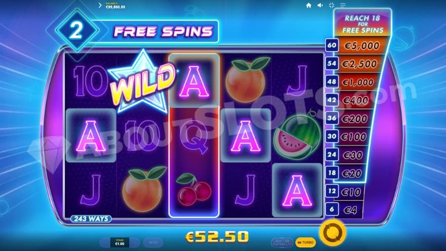 Free Spins feature with a wild symbol on the second reel.